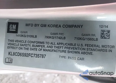 2015 Chevrolet Spark 1Lt Cvt z USA, uszkodzony, nr VIN KL8CD6S92FC735787